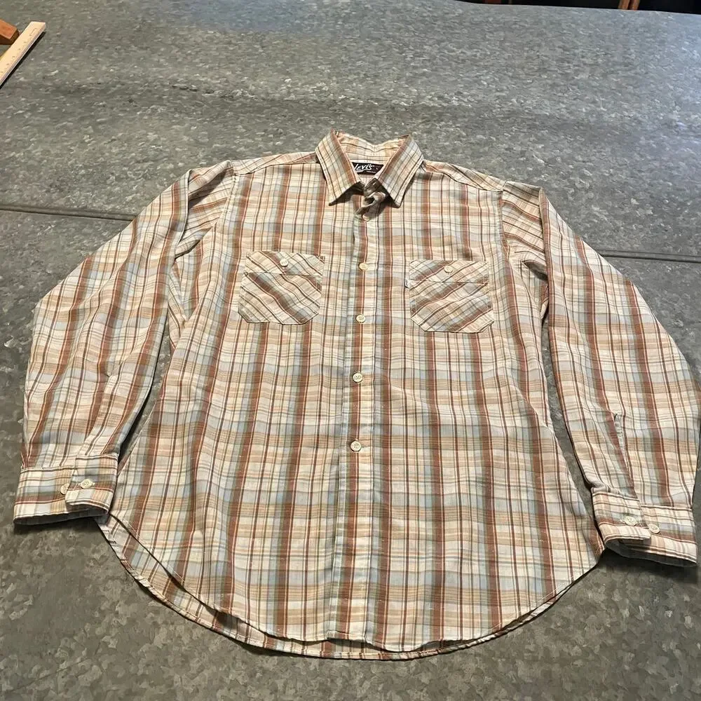 Vintage Levi’s Tapered Fit Plaid Button Up Western Shirt Mens Large Cream Tan